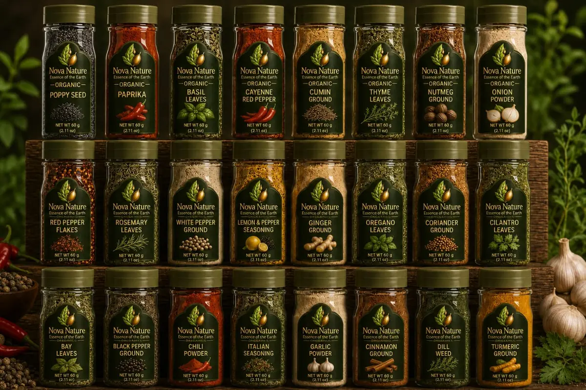Nova Nature retail spice range — 24 jars